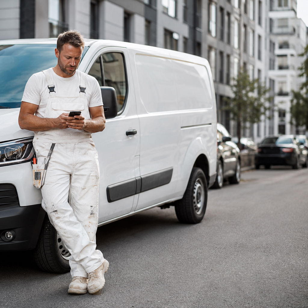 Malermeister mit Handy an seinem Transporter
